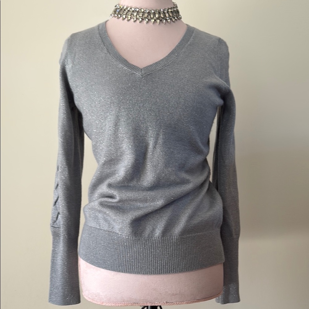 White House Black Market gray with metallic silver thread sweater in sz …